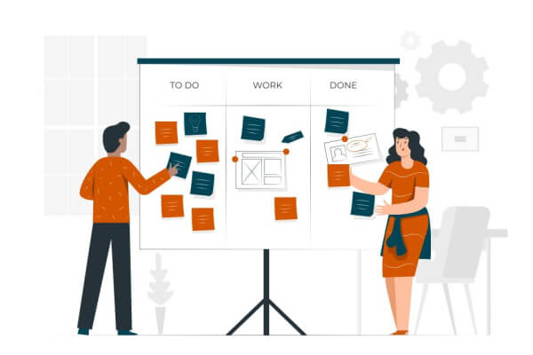 Illustration of a man and a woman with an ideas board