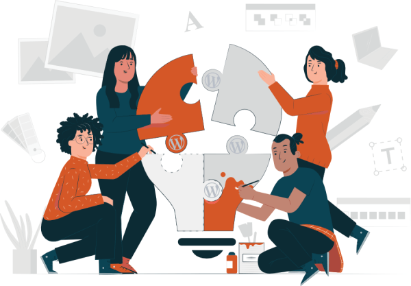 Illustration of 4 people fitting jigsaw pieces together to create a light bulb